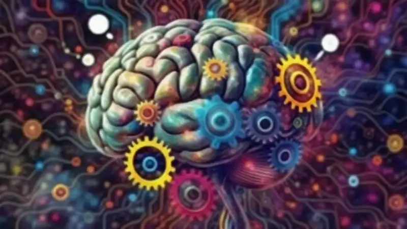 Cerebro humano con engranajes y pensamientos