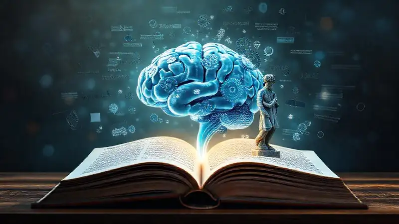 Libros, cerebro, palabras y filosofía en armonía