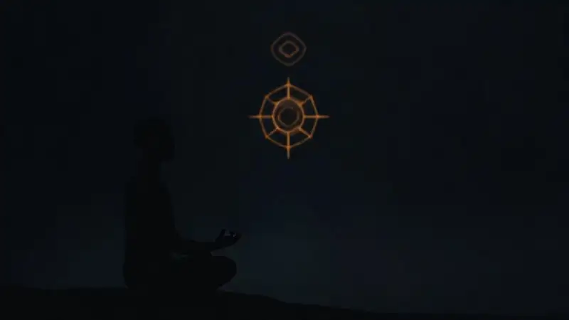 Silencioso meditador con símbolos filosóficos y geométricos