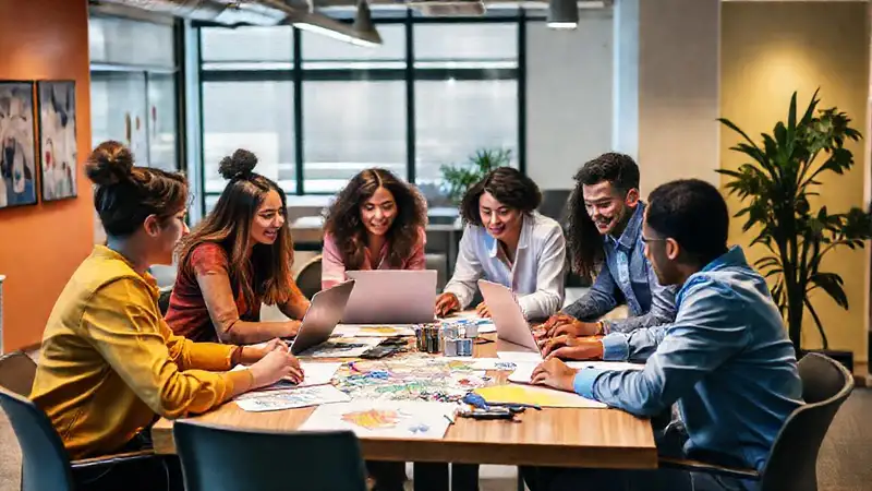 Equipo creativo colaborando en un entorno inspirador