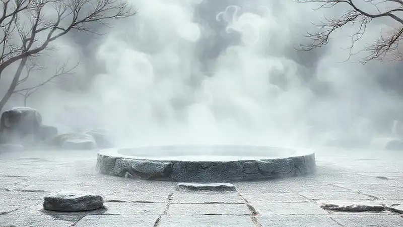 Jardín zen tranquilo con lago y niebla suave