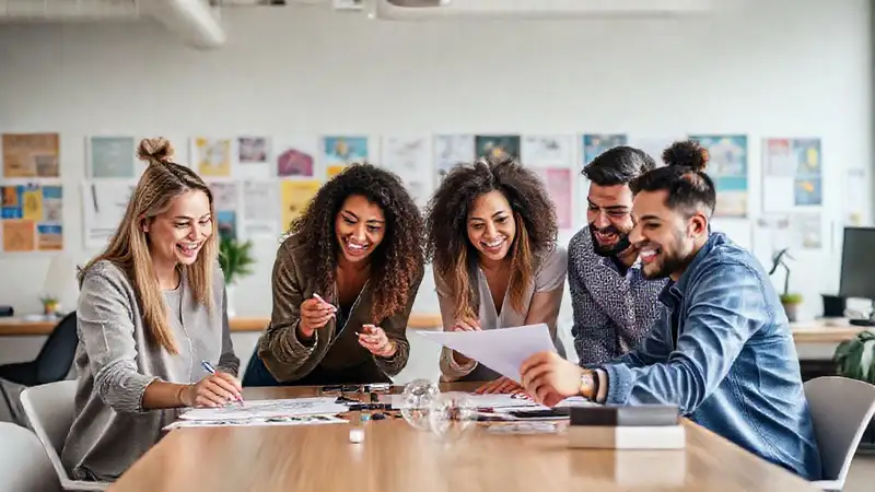 Equipo diverso trabaja en colaboración creativa
