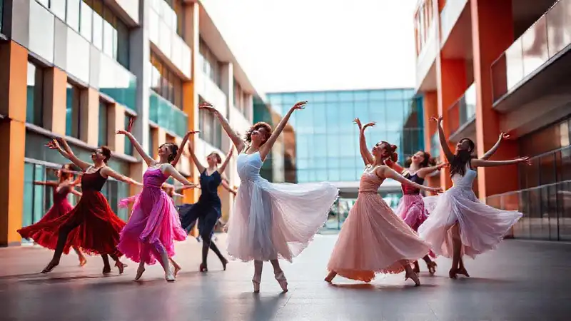 Estudiantes de danza diversa en campus vibrante