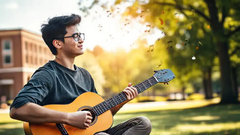 Estudiante tocando guitarra en un ambiente alegre