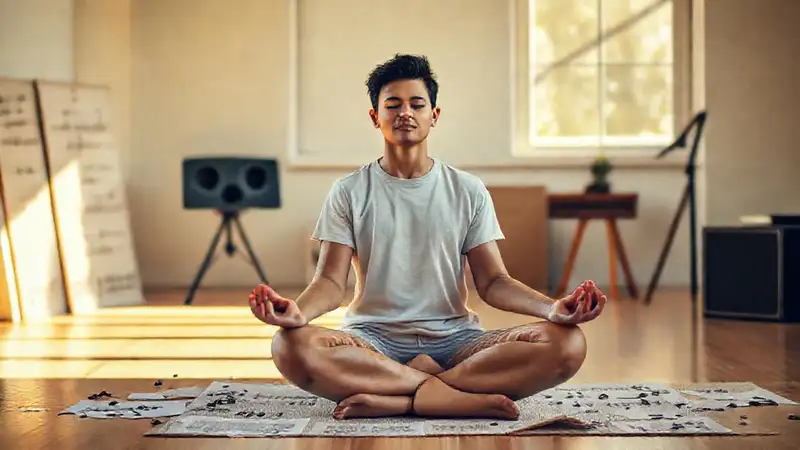 Estudiante músico practicando yoga en paz