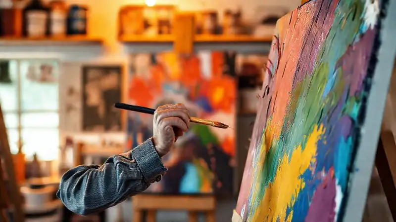 Pintor en estudio crea obra inspiradora