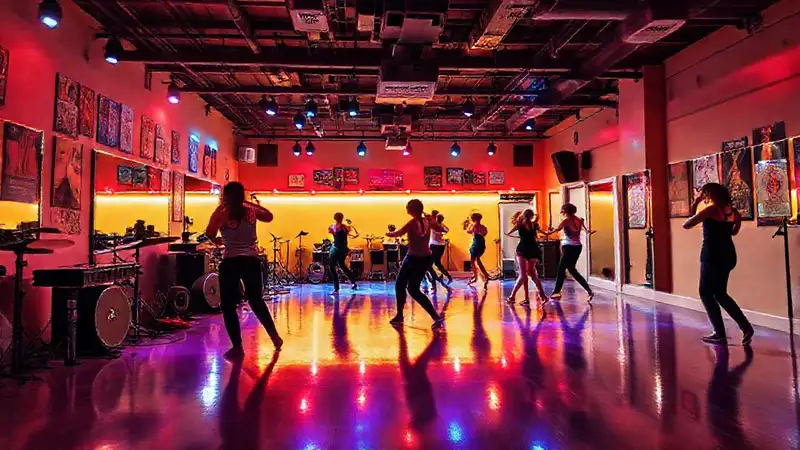 Estudio de jazz con música, luz y movimiento