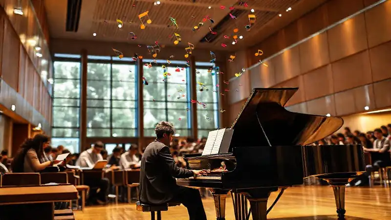 Músico en universidad con notas flotantes