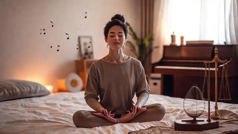 Persona tranquila meditando con música y balanza