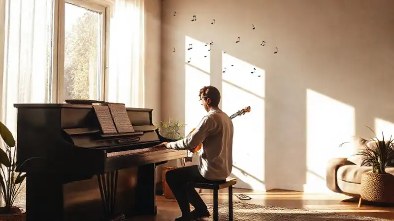 Músico equilibrado en ambiente moderno y cálido