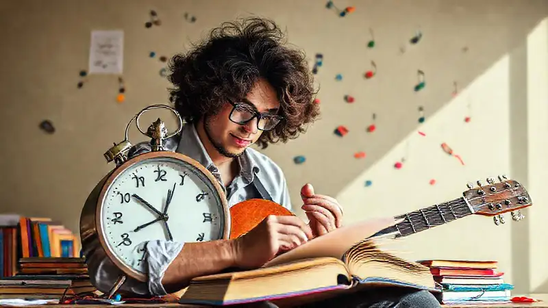 Estudiante estudia música con energía vibrante