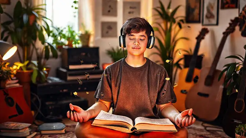 Joven meditando con música en ambiente armonioso