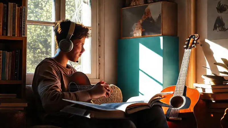 Estudiante relajado con guitarra y estudio cómodo