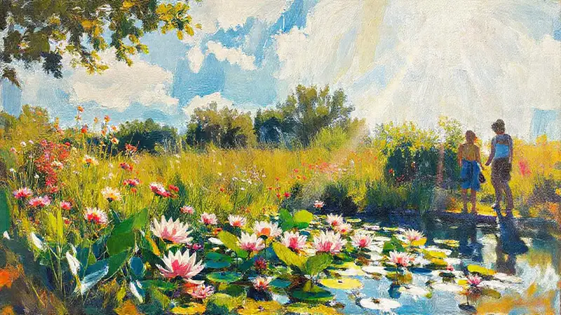 Paisaje impresionista con flores y reflejos solares