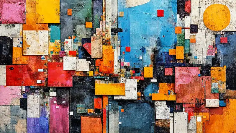 Collage vibrante con formas y estilos diversos