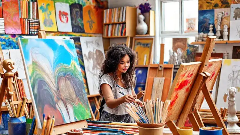 Estudiantes de arte en un estudio vibrante