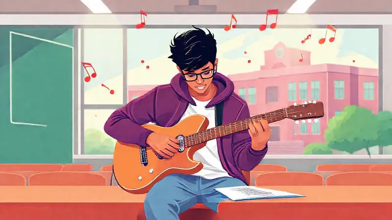 Estudiante practicando guitarra con concentración en aula