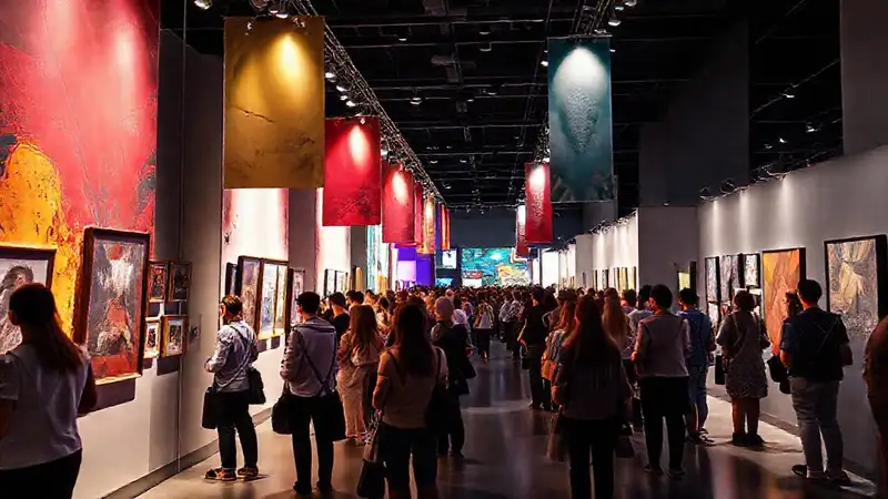 Exposición artística con banners y público diverso