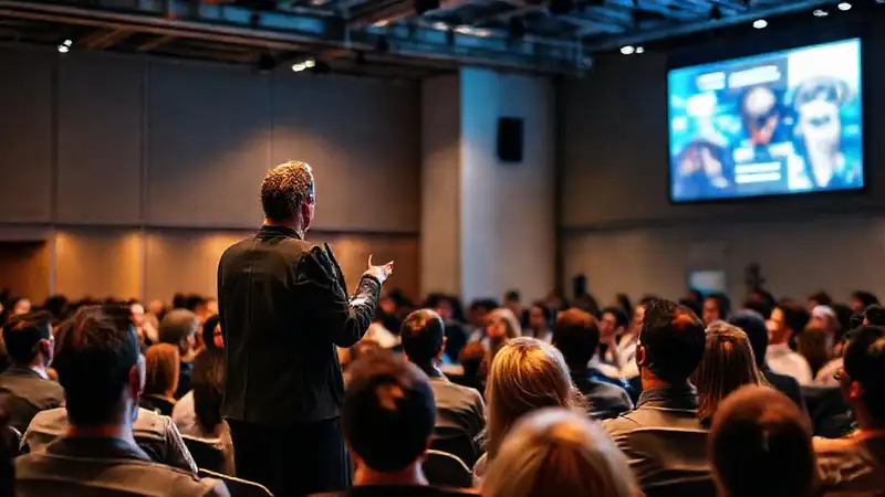 Orador confiado en escenario profesional y brillante