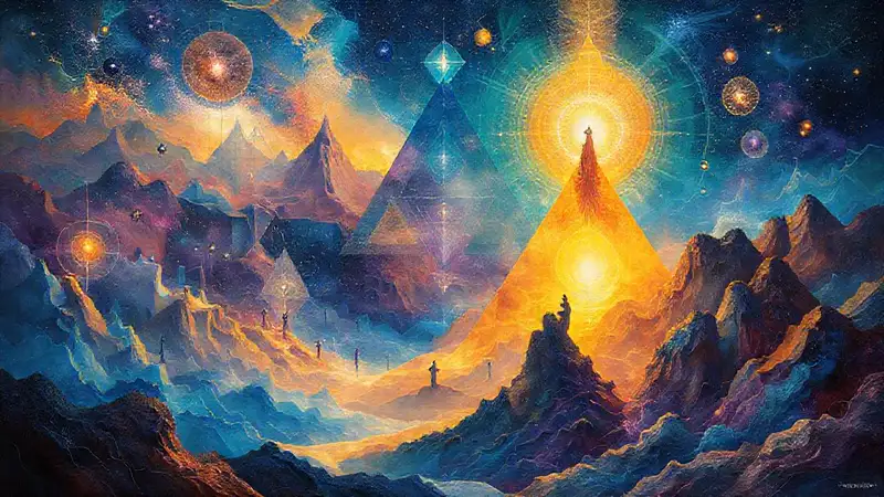 Paisaje cósmico surrealista con símbolos espirituales