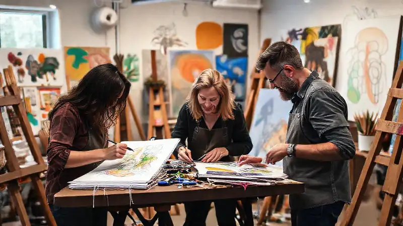 Artistas creativos intercambian ideas en estudio vibrante