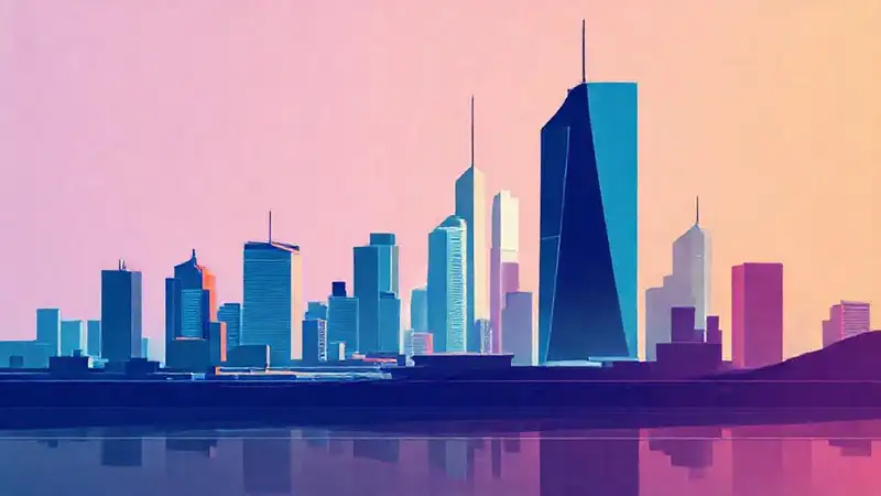 Ciudad moderna con formas geométricas vibrantes