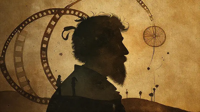 Rollo de película con filósofo y símbolos abstractos
