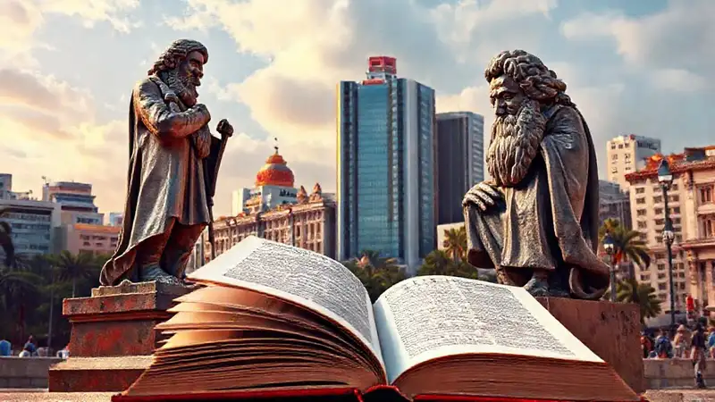 Fusión artística de filosofía, ciudad y símbolos