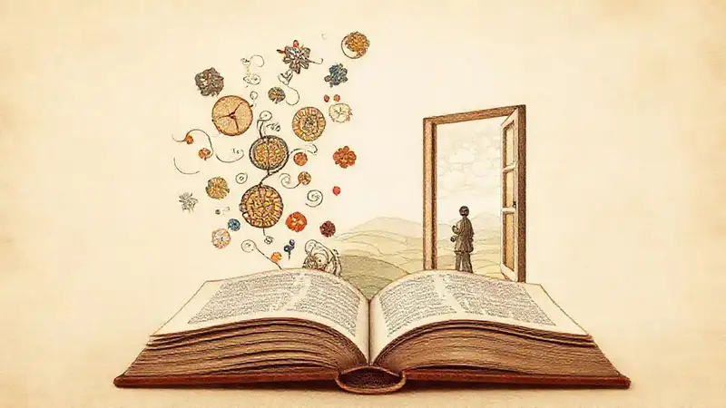 Libro abierto con símbolos y paisaje interior