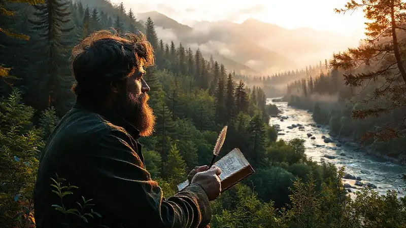 Pensador romántico en naturaleza y silencio