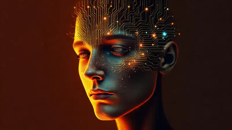 Cara humana con circuitos y conexiones neuronales