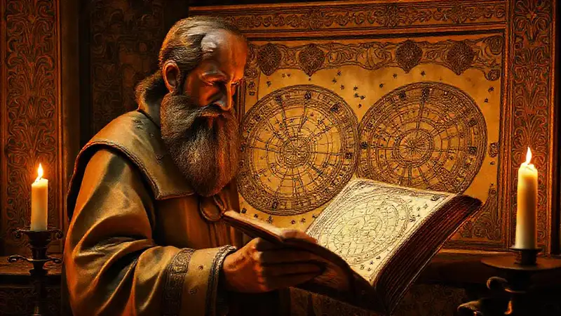 Estudioso medieval con mapas celestiales iluminados