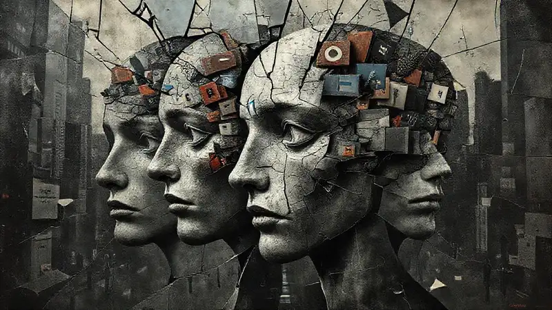 Caras humanas fusionadas con símbolos mediáticos