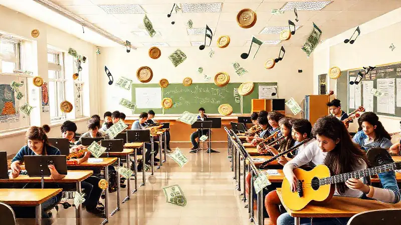 Aula de música con estudiantes y monedas