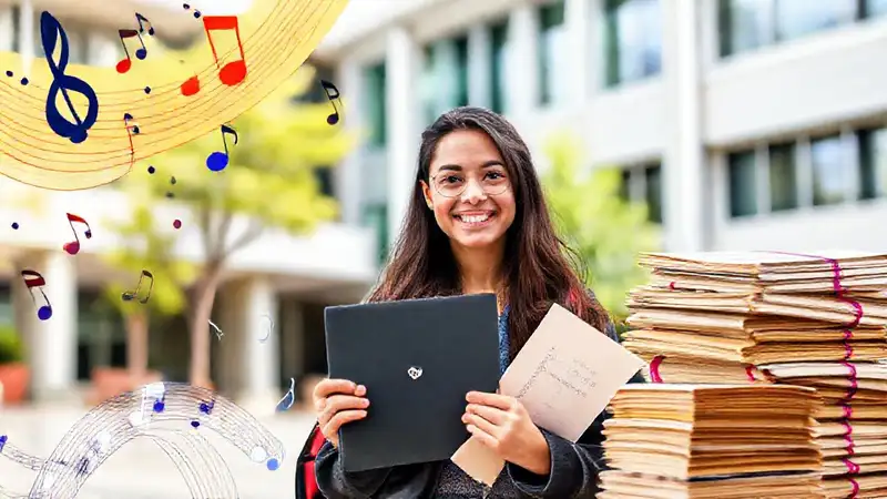 Estudiante feliz con música y estudios en campus