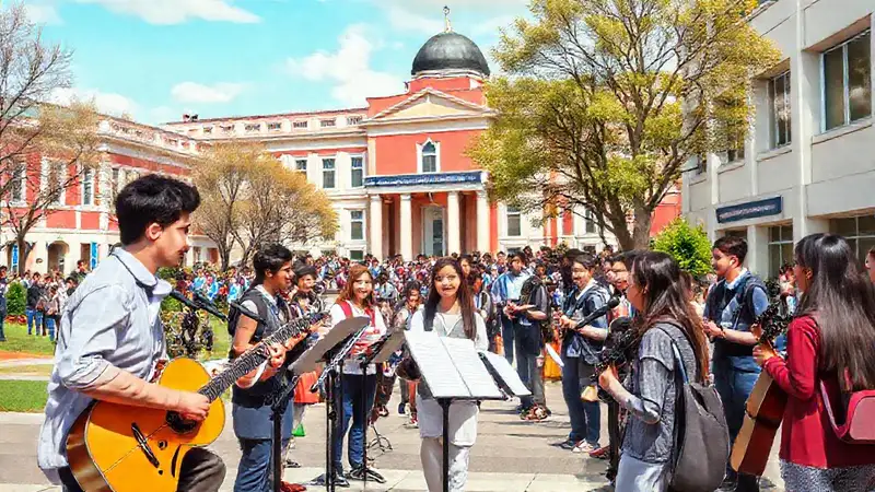Campus universitario diverso con apoyo musical