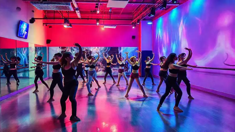 Estudio de baile con tecnología y energía vibrante