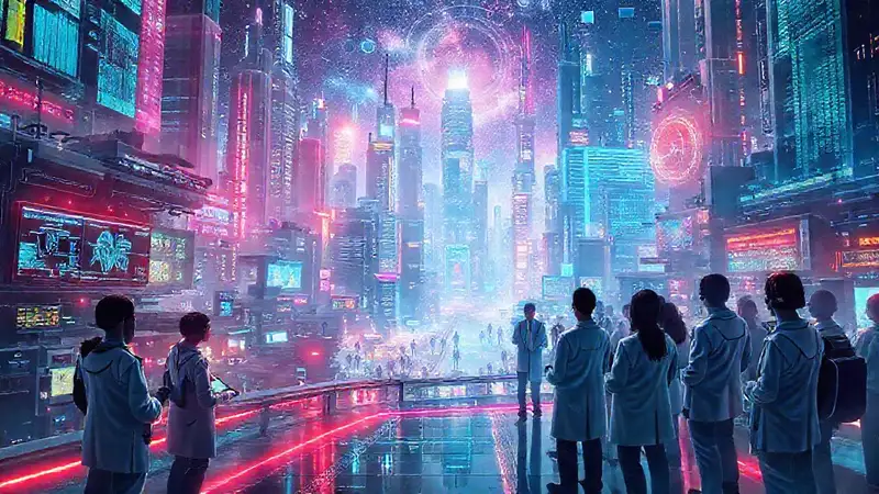 Ciudad futurista con luces y tecnologías avanzadas