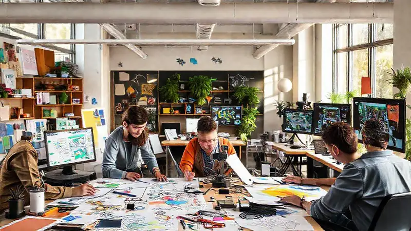 Espacio creativo con diseñadores y trabajo en equipo
