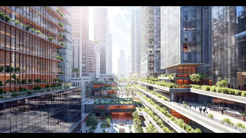 Diseño urbano moderno con estilos diversos y luz