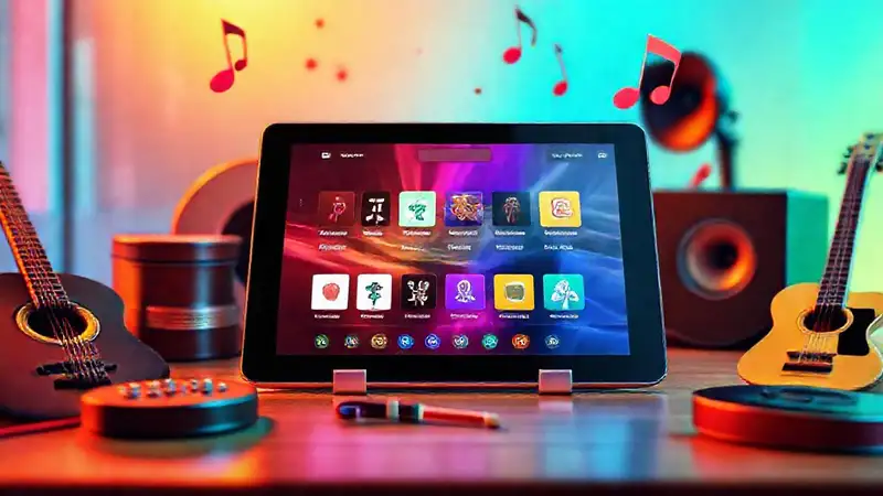 Tableta musical en un entorno colorido y moderno