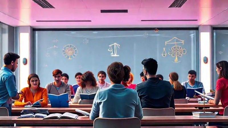 Aula moderna con estudiantes y símbolos inspiradores