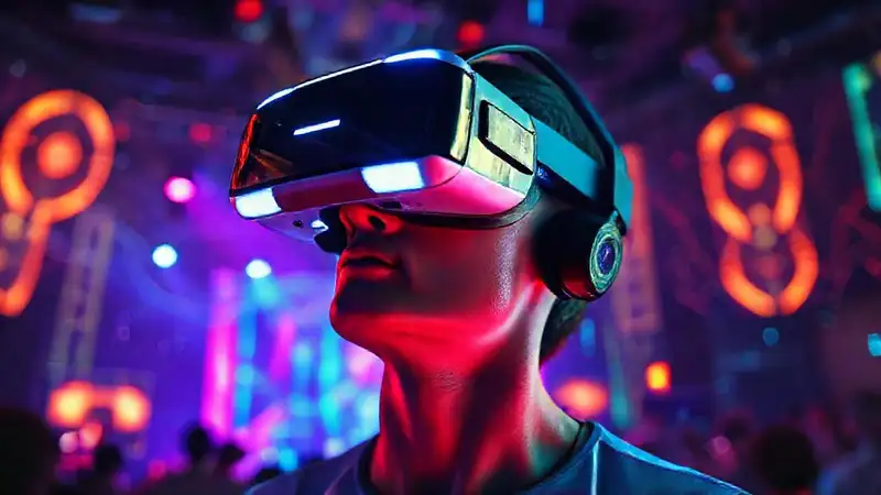 Persona en realidad virtual con música y neones