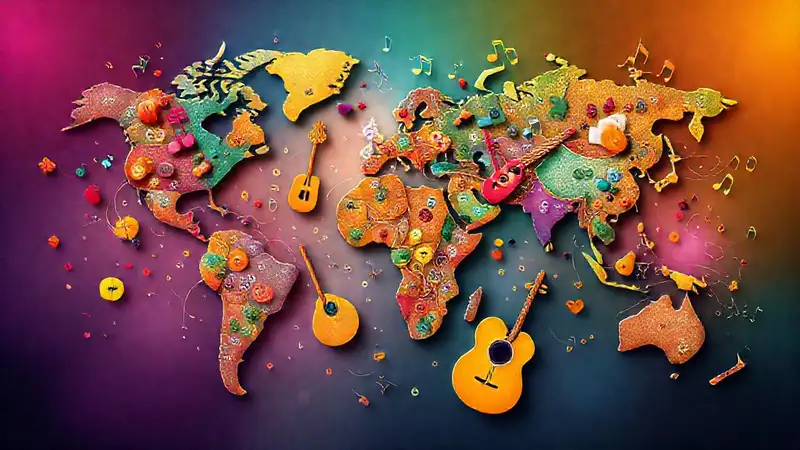 Mapa cultural con música y colores vibrantes