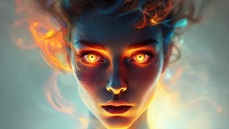 Retrato onírico con ojos luminosos y colores vibrantes