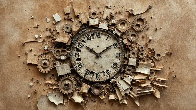 Arte conceptual con relojes y estructuras fragmentadas