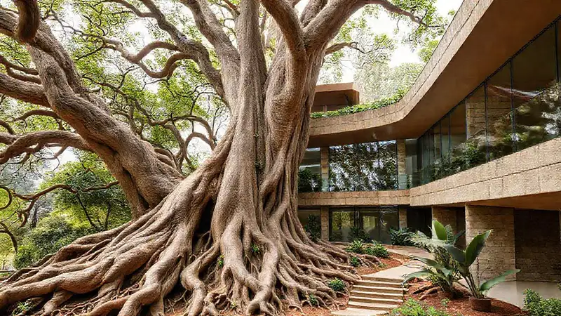 Raíces antiguas fusionadas con arquitectura moderna