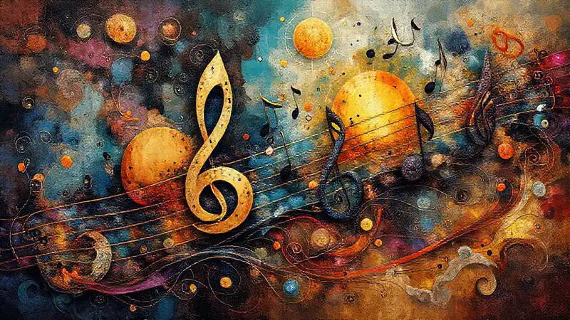Notas abstractas con símbolos filosóficos vibrantes