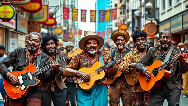Músicos diversos en calle vibrante y colorida