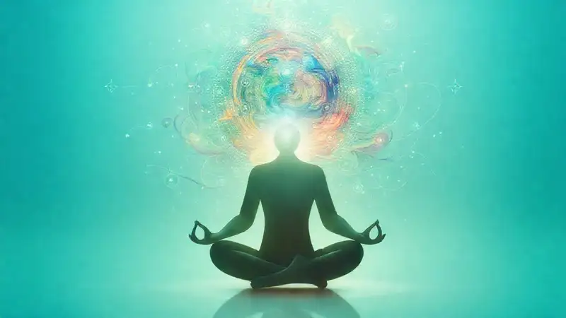 Figura meditativa con aura y pensamiento interno